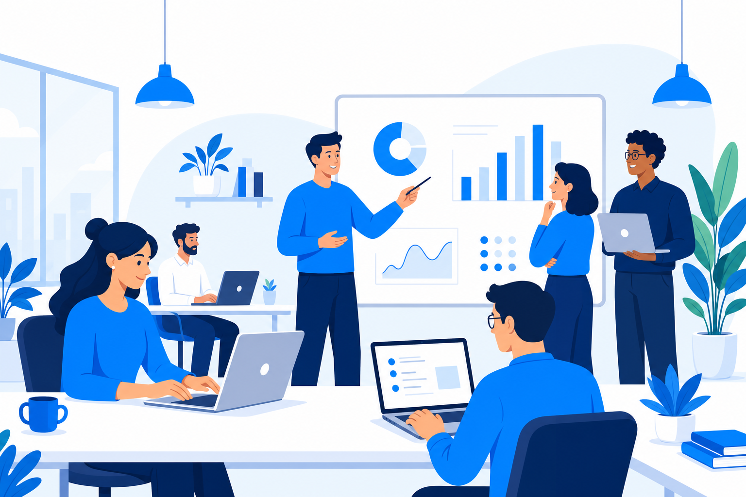 The Iman Services team collaborating in a modern office