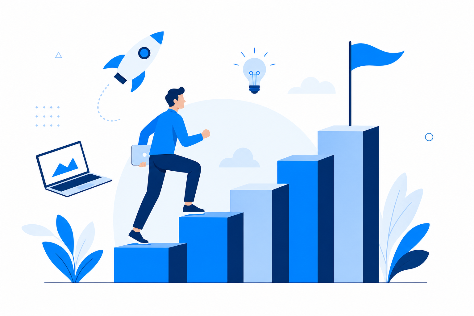 Illustration of career growth — a person climbing ascending steps toward a goal