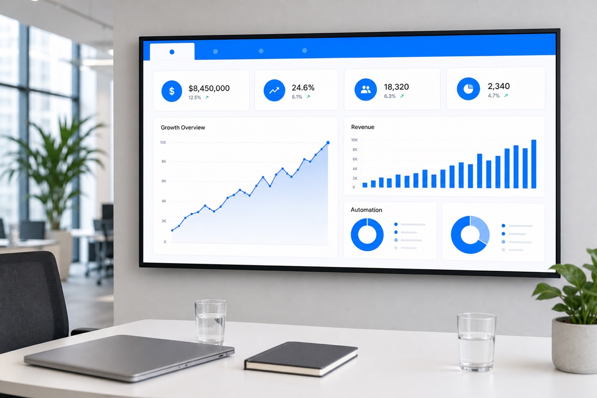 Analytics dashboard displayed on a large screen in a modern office