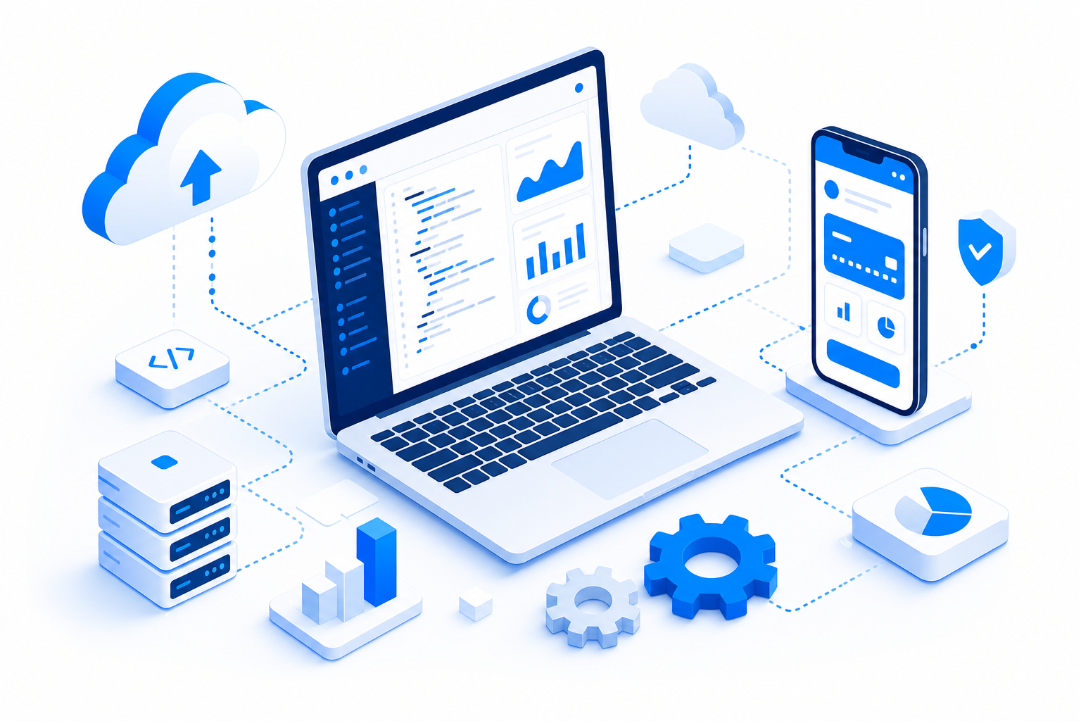 Illustration of software development, cloud infrastructure, and mobile applications